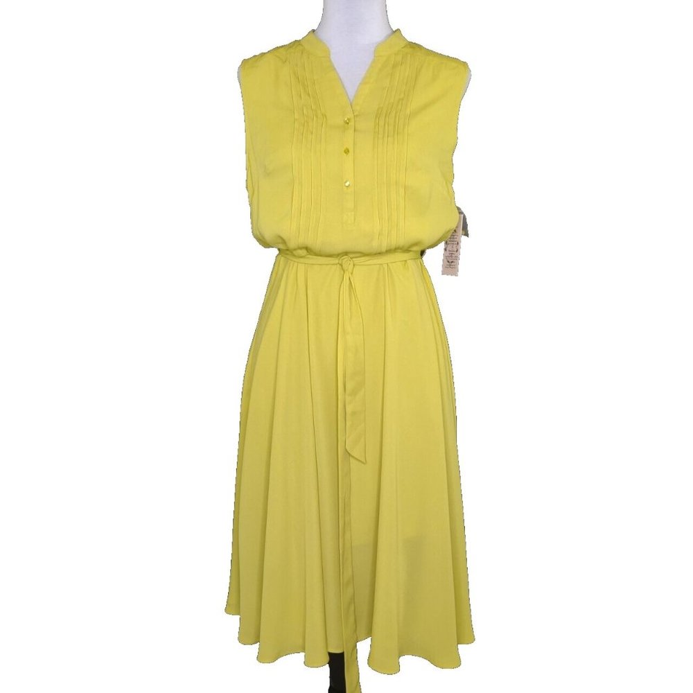 NANETTE LEPORE Dress Lime Green Belted Pintuck Belted Button Front